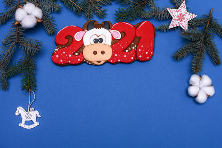 Gingerbread 2021. Cow or bull. New years Flat ley on a blue background. Branches of spruce. Copy space.の写真素材