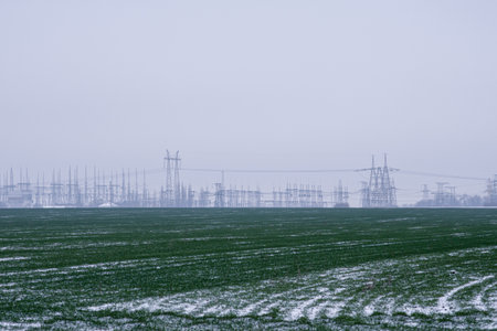 agricultural landscape in the Ukraine with high voltage power lines and a with cloudy skies. Winter wheat field with snow in winter in Europe.の写真素材