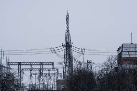 Electricity distribution station. High-voltage power lines. high voltage electric transmission tower. Distribution electric substation.の写真素材