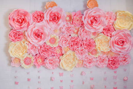 paper flowers. pink, white, orange flowers paper background pattern lovely style. Rose from paper.の写真素材