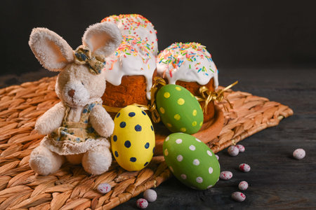 Easter decorated eggs, Easter cakes, rabbit on the table.