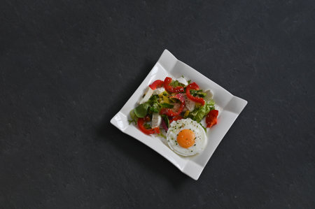 fresh, vibrant salad with egg on a white plate placed against a dark surface, showing a colorful array of vegetables, perfect for a healthy and modern lifestyle concept.の写真素材