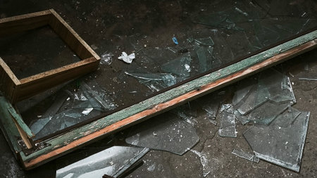 Broken window with cracked glass located in old stairwell of apartment house. Broken window scene conveys vandalism concept. urban decay, unsafe environment and neglected residential propertyの写真素材