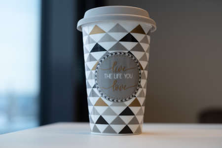 Live the life you love coffee cup. Takeaway coffee mug on an office desk. Reusable ceramic travel cup.の写真素材