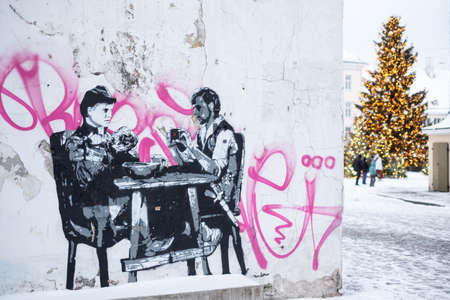 Stencil artist Edward von LÃµngus depicts a famous scene from popular Estonian film "Viimne reliikvia" (The Last Relic).のeditorial素材
