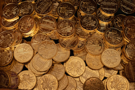 Large pile of Austrian Philharmoniker pure gold coins.  Conservative investor's portfolio.の写真素材