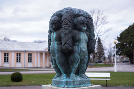 PÃ¤rnu, Estonia-04.23..2021: Bronze fountain sculpture of four little naked boys looking to four weather arcs in PÃ¤rnu beach park during spring off-seaon. Fountain in front of PÃ¤rnu mud bath Hedon Spa.のeditorial素材