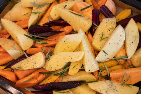 Freshly cut and seasoned vegetables ready for oven baking. Preparing roasted vegetables on oven...
