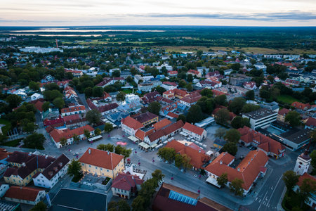 An aerial view of Kuressaare city in Saaremaa island during late August evening.のeditorial素材