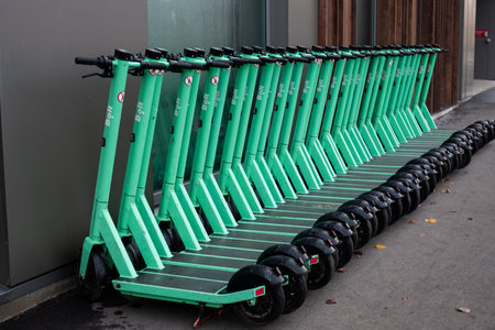 Tallinn, Estonia - Oct 31, 2021: Bolt electric scooters. Bolt is transportation network,...