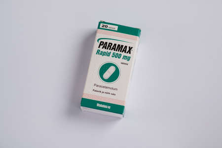 Tallinn, Estonia - 02.08.2022: Paramax Rapid paracetamol tablets by Vitabalans for fever and mild pain such as headache, toothache, menstrual cramps joint and muscle pain. Medical treatment.のeditorial素材