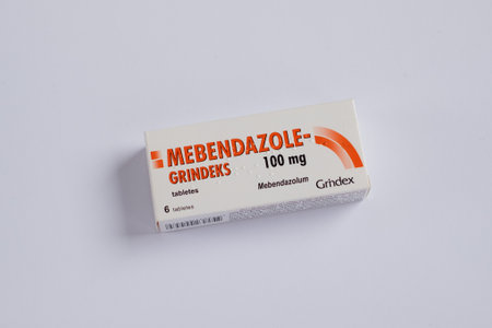 Tallinn, Estonia - 02.08.2022: Mebendazole-Grindeks tablets. Anthelmintic for worm infection treatment. Medical treatment and pharmacy concept.のeditorial素材