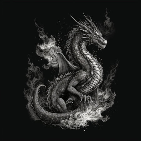Dragon with smoke on a black background. 3D rendering, 3D illustration.の素材