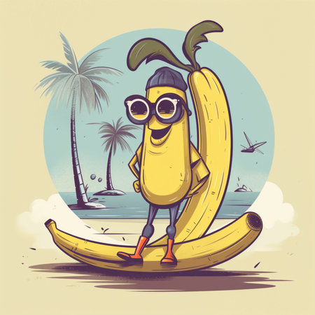Funny banana character with sunglasses on the beach. Vector illustration.の素材