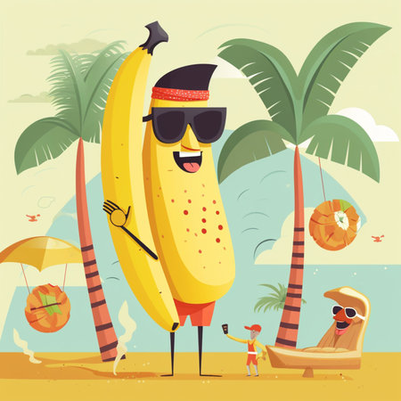 Banana character on the beach. Vector illustration in flat style.の素材