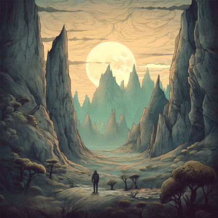 Fantasy landscape with a man on a path in the mountains.の素材