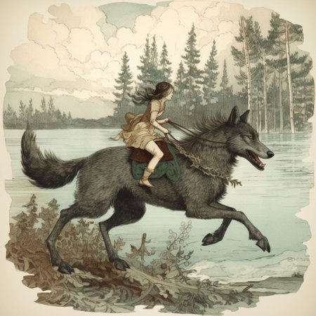 Vintage image of a girl riding a wolf in the forest.の素材