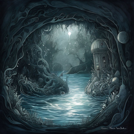 Fantasy underwater scene with a glowing lighthouse in a dark cave. Digital painting.の素材