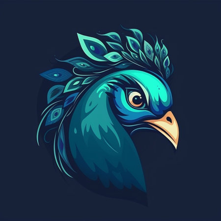 Turquoise peacock head vector illustration. Isolated on dark background.の素材