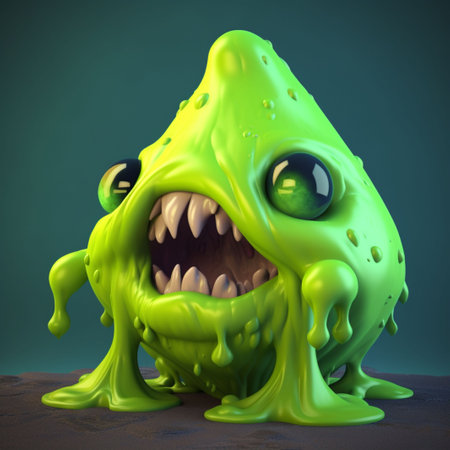 Funny green monster with big teeth. Halloween concept. 3D renderingの素材