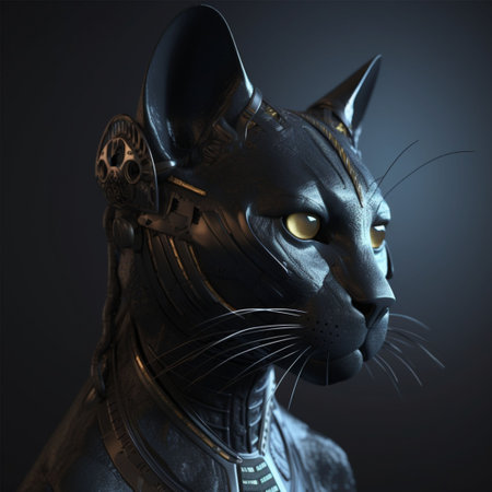 3D Illustration of a Futuristic Gray Cat with Golden Eyesの素材