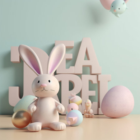 Easter decoration with eggs and bunny on pastel color background.の素材