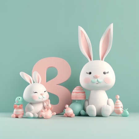 Happy Easter greeting card with cute bunnies in pastel colorsの素材