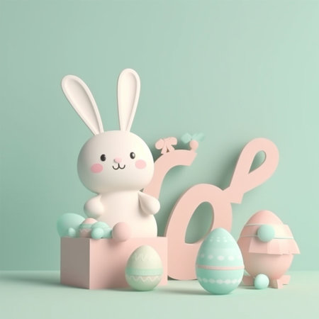 Easter bunny and eggs on pastel background. 3d renderingの素材