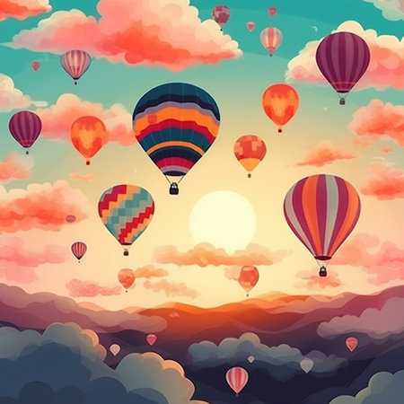 Hot air balloons flying in the sky with clouds. Vector illustration.  ai generatedの素材