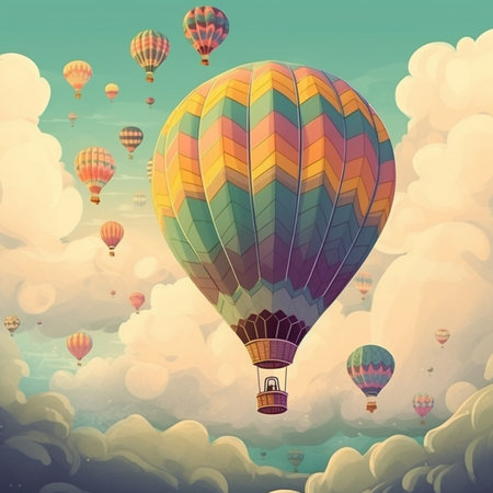 Hot air balloon flying in the sky with clouds, colorful vector illustrationの素材