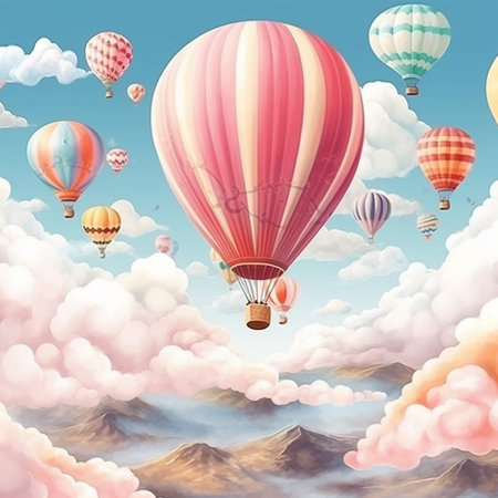 Hot air balloons flying in the blue sky. 3D illustration.の素材
