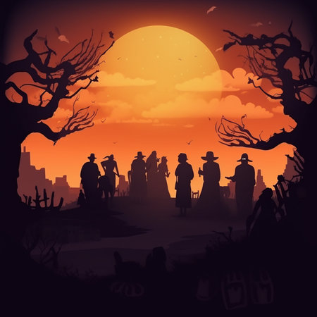 Halloween night landscape with silhouettes of zombies. Vector illustration.の素材