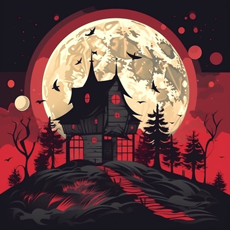 Halloween background with haunted house and full moon. Vector illustration.の素材