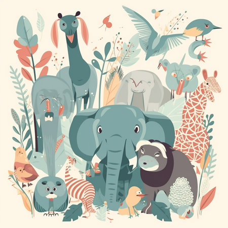 Vector illustration of cute cartoon animals in the jungle. Vector illustration.の素材