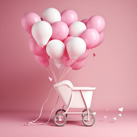 Baby carriage with pink and white balloons. 3D rendering. Copy space.の素材