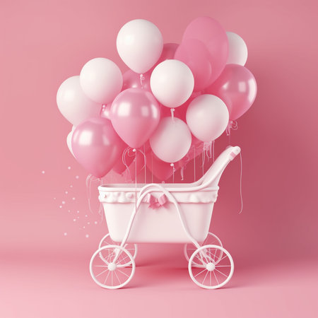 Baby carriage with pink and white balloons. 3d render illustration.の素材