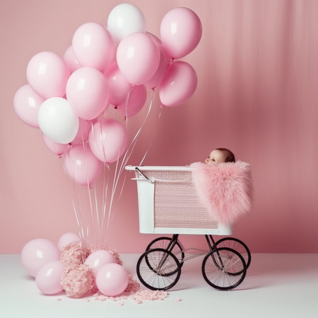 Baby carriage with pink balloons on a pink background. Baby shower concept.の素材