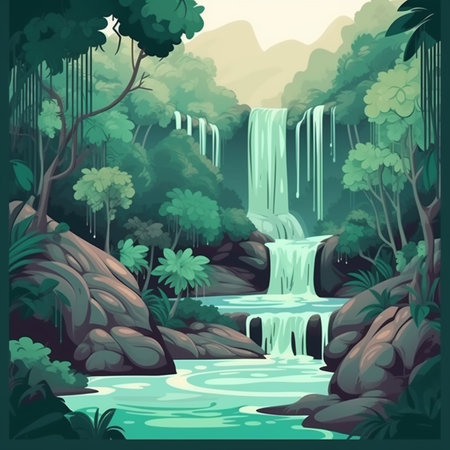 Waterfall in jungle. Vector illustration of a waterfall in the jungle.の素材