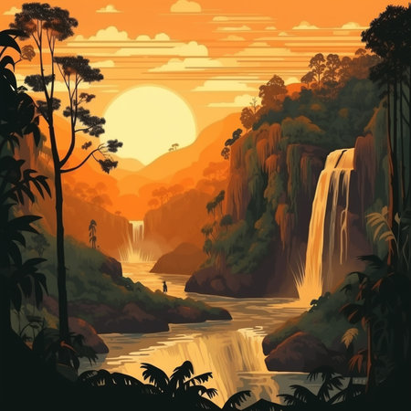 Waterfall in Tropical Forest sunset illustration 7の素材