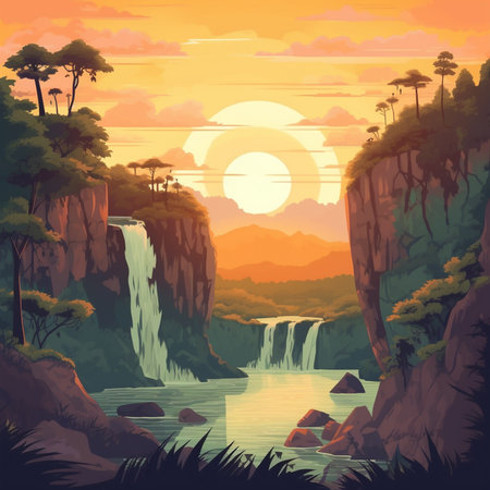 Beautiful landscape with waterfall in the jungle at sunset. Vector illustrationの素材