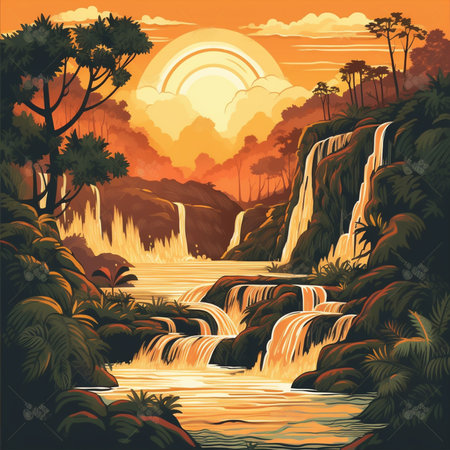 Waterfall in the jungle at sunset. Vector illustration in retro style.の素材