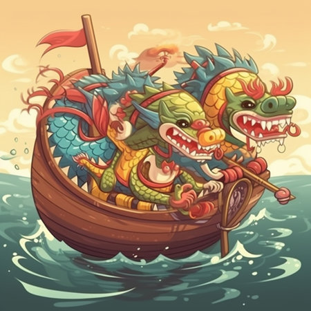 Cartoon dragon in a boat on the sea. Vector illustration.の素材