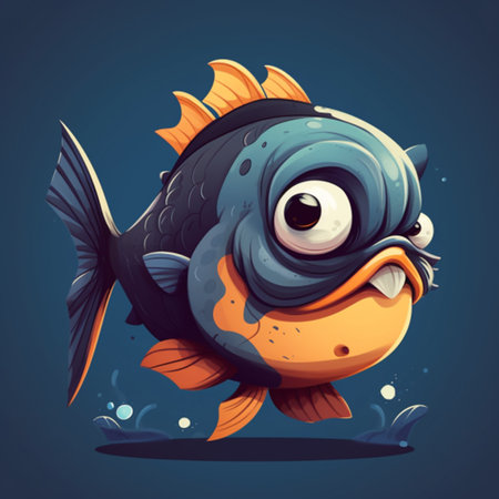 Cute cartoon fish on a dark blue background. Vector illustration.の素材