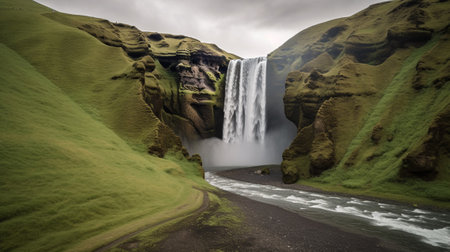 Panorama of Skogafoss waterfall in Iceland, Europe.の素材