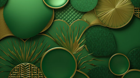 3d illustration of abstract background with green and gold decorative elements.の素材