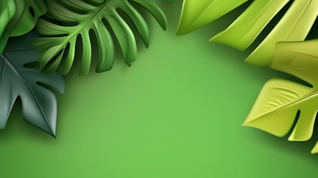 Tropical leaves on green background. 3d render illustration.の素材
