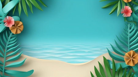 Tropical beach background with palm leaves and flowers. Paper art style. Vector illustration.の素材