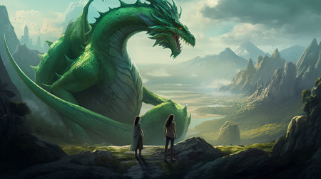 Fantasy landscape with dragon and a girl. 3D rendering.の素材