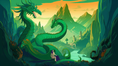 Illustration of a girl sitting on a green dragon in the jungleの素材