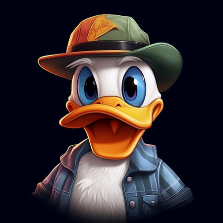Cartoon man wearing a hat with a duck on a black backgroundの素材
